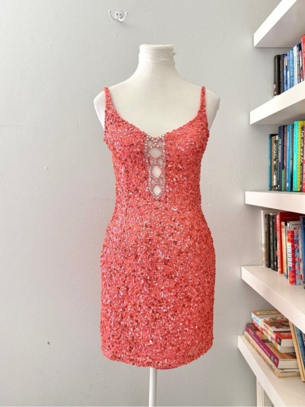 Scala Coral Sequin Mini Dress with Gem Ladder Detail Sz 4 - Picture 2 of 14